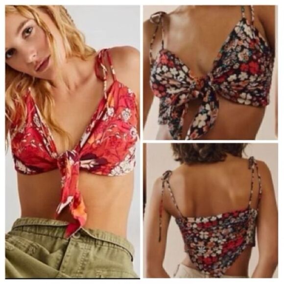 Free People Ava NWOT Reversible Micro Front Tie Smock Viscose Bandana Floral Red - Picture 1 of 12